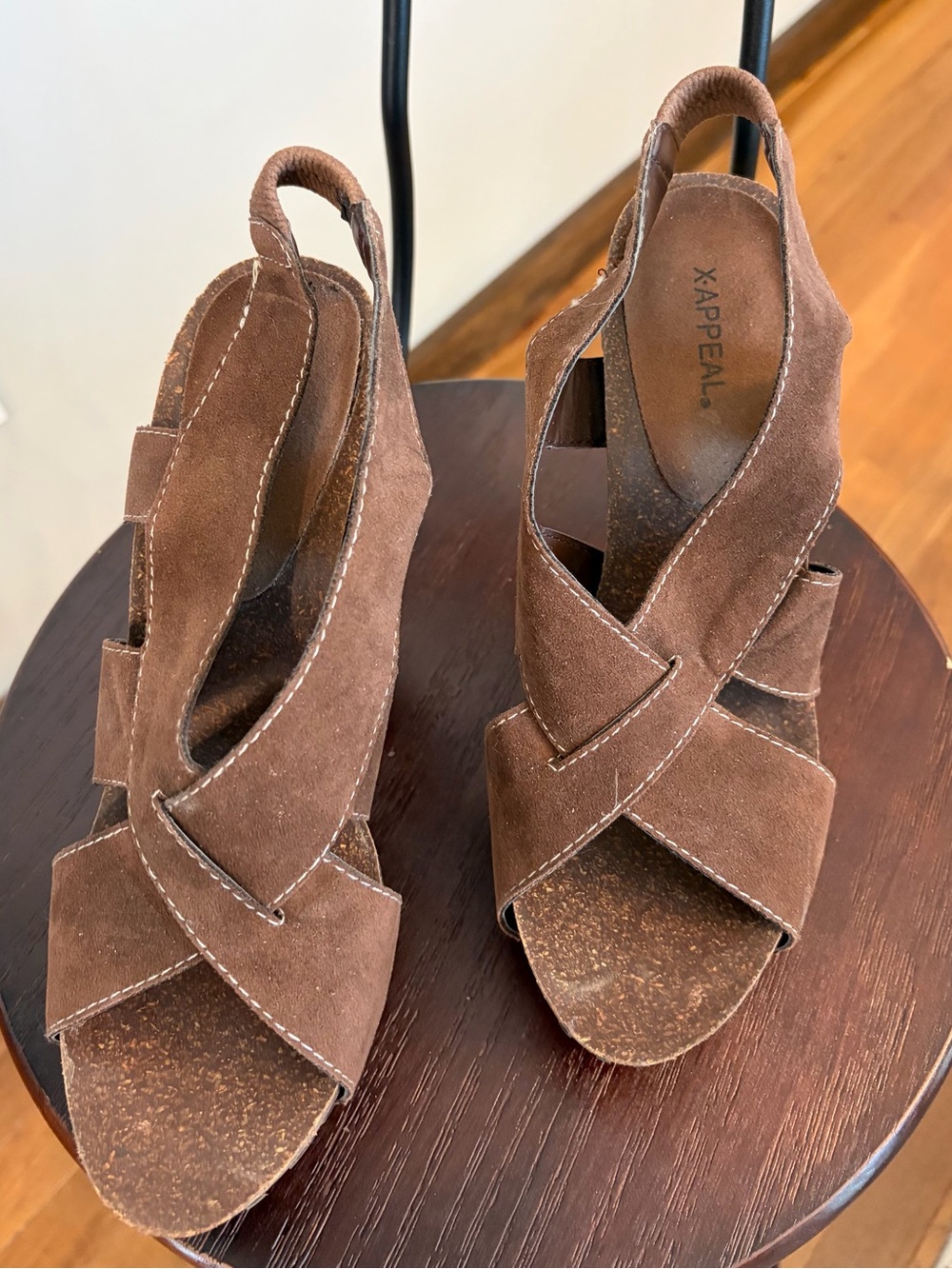 x-appeal Brown Suede Crisscross Wedge Sandals